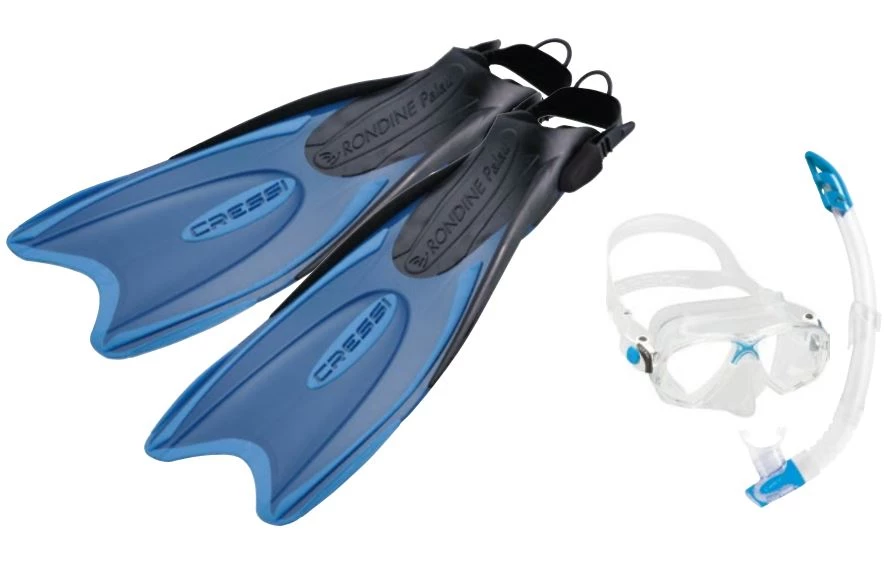 Cressi Palau Adult Dive Mask Snorkel And Fins Bag Set Blue/Azure